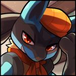  1:1 anthro blitzdrachin canid canine clothing conditional_dnp cropped half-closed_eyes hat headgear headwear icon low_res lucario mammal narrowed_eyes nintendo pok&eacute;mon pok&eacute;mon_(species) pokemon_cafe_mix red_eyes scarf smile smirk smug solo video_games 