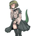  1boy bill_(black_souls) black_souls bow bulge crossdressing dress green_hair grey_bow grey_dress grey_hairband hairband highres lifted_by_self lizard_tail long_sleeves orange_eyes otoko_no_ko panties pigeoncrow puffy_sleeves short_hair simple_background slit_pupils solo tail thighhighs underwear white_background white_panties 