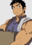  1boy bara bare_shoulders black_eyes black_hair box carrying chest male_focus muscle original short_hair simple_background sleeveless solo st05254 toned toned_male towel upper_body working 