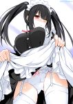  1girl apron asymmetrical_hair bow bow_panties breasts clock_eyes colorized date_a_live dress_shirt eyebrows_visible_through_hair from_below garter_straps heterochromia highres large_breasts lifted_by_self long_hair maid maid_headdress monochrome novel_illustration official_art panties shiny shiny_hair shirt skirt skirt_lift solo standing symbol-shaped_pupils thighhighs tokisaki_kurumi tsunako twintails underwear very_long_hair waist_apron 