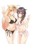  2girls ;d arm_up armpits bare_shoulders bikini black_bikini blonde_hair blue_eyes blush braid breasts brown_hair cleavage commentary_request cowboy_shot grin groin hair_between_eyes hair_flaps hair_ornament hair_over_shoulder hairclip hand_on_another&#039;s_back hand_on_another&#039;s_shoulder hand_up happy highres kantai_collection long_hair looking_at_viewer matching_outfit medium_breasts midriff multiple_girls navel one_eye_closed open_mouth shigure_(kantai_collection) side-tie_bikini simple_background single_braid smile swimsuit v very_long_hair white_background white_bikini yellow_eyes yuudachi_(kantai_collection) zuki 