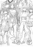  2boys 4girls absurdres arms_behind_back bangs bare_shoulders breasts cleavage double_bun earrings eyebrows_visible_through_hair fate/grand_order fate_(series) greyscale hands_in_pockets high_heels highres jewelry kama_(fate/grand_order) kneehighs kojima_takeshi leonidas_(fate/grand_order) long_hair midriff monochrome multiple_boys multiple_girls navel necklace sailor_collar scathach_(fate)_(all) scathach_skadi_(fate/grand_order) sesshouin_kiara skirt sleeveless smile spartacus_(fate) twintails yang_guifei_(fate/grand_order) 
