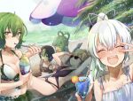  5girls alternate_costume beach beach_chair beach_umbrella blonde_hair blue_hair blush breasts cleavage collarbone commentary_request eating facing_viewer food green_eyes green_hair hair_rings highres holding holding_food kaku_seiga looking_at_viewer miyako_yoshika momo_(baso4) mononobe_no_futo mouth_hold multiple_girls navel ocean ofuda open_mouth palm_leaf ponytail sand shaved_ice short_hair soga_no_tojiko squid sunglasses swimsuit touhou toyosatomimi_no_miko umbrella white_hair 