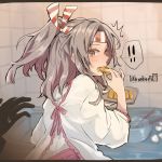  1boy 1girl blurry bowl commentary_request counter cowboy_shot depth_of_field eating from_behind grey_hair hachimaki headband high_ponytail kantai_collection kappougi kitchen long_hair looking_at_viewer looking_back omelet ruohire9 tamagoyaki tiled_wall zuihou_(kantai_collection) 