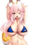  1girl absurdres animal_ear_fluff animal_ears armpits arms_behind_head arms_up bangs bare_shoulders bikini blue_bikini blush breasts cleavage closed_mouth collarbone fangs fate/grand_order fate_(series) fox_ears fox_girl fox_tail hair_between_eyes highres kashima_mashino large_breasts long_hair looking_at_viewer mouth_hold navel one_eye_closed pink_hair side_ponytail sidelocks simple_background smile swimsuit tail tamamo_(fate)_(all) tamamo_no_mae_(swimsuit_lancer)_(fate) wet white_background yellow_eyes 
