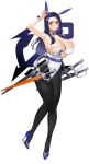  1girl absurdres armpits black_hair black_legwear blue_eyes breasts bunnysuit detached_collar full_body high_heels highres holstered_weapon invincible_dragon large_breasts last_origin long_hair looking_to_the_side nipples pantyhose simple_background sohn_woohyoung solo sword weapon 