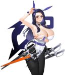  1girl absurdres armpits black_hair blue_eyes breasts bunnysuit character_request detached_collar highres holstered_weapon large_breasts last_origin long_hair looking_to_the_side sohn_woohyoung solo sword weapon 