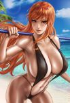  1girl bangs bare_shoulders beach black_swimsuit breasts brown_eyes cleavage cloud commentary dandon_fuga fingernails highres holding holding_weapon huge_breasts lipstick long_hair looking_at_viewer makeup nami_(one_piece) navel ocean one_piece orange_hair outdoors polearm red_lips red_lipstick sand shiny shiny_skin shoulder_tattoo slingshot_swimsuit solo swimsuit tattoo thighs weapon 