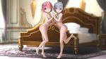  2girls bangs bare_legs bare_shoulders barefoot bed bedroom blue_eyes blue_hair blurry blurry_background blurry_foreground blush bra breasts cleavage collarbone commentary_request depth_of_field foot_up from_side gibun_(sozoshu) hair_ornament hair_over_one_eye hair_ribbon hands_up highres holding_hands indoors leg_up looking_at_viewer maid_headdress multiple_girls navel panties photo pink_eyes pink_hair pink_ribbon purple_ribbon ram_(re:zero) re:zero_kara_hajimeru_isekai_seikatsu rem_(re:zero) ribbon short_hair siblings sisters standing stomach twins underwear underwear_only x_hair_ornament 