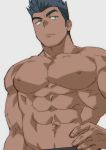  1boy abs bara blush chest collarbone dark_skin dark_skinned_male green_eyes green_hair hand_on_hip highres male_focus muscle navel nipples original pectorals shirtless short_hair simple_background solo spiked_hair st05254 toned toned_male upper_body 