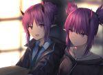  2girls :d arknights bangs black_jacket blue_shirt blurry blurry_background collarbone commentary_request eyebrows_visible_through_hair hair_bun hibiscus_(arknights) highres horns indoors jacket jewelry kiyakyuu lava_(arknights) looking_at_viewer multiple_girls necklace necktie open_mouth pointy_ears pointy_hair purple_eyes purple_hair shirt short_hair siblings sidelocks sisters smile striped striped_neckwear upper_body 