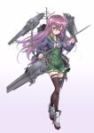  1girl adapted_costume brown_hair brown_legwear crescent crescent_moon_pin full_body green_sailor_collar green_skirt hair_ornament highres kantai_collection kisaragi_(kantai_collection) long_hair looking_at_viewer machinery minosu neck_ribbon original_remodel_(kantai_collection) pink_neckwear purple_eyes remodel_(kantai_collection) ribbon sailor_collar school_uniform serafuku simple_background skirt solo sword thighhighs torpedo_launcher weapon white_background 