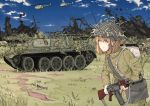  1girl 3boys aircraft ak-47 armored_vehicle assault_rifle bmp-1 brown_eyes brown_hair caterpillar_tracks cloud day explosion grass ground_vehicle gun helicopter machine_gun maz543 mi-14 military military_uniform military_vehicle motor_vehicle multiple_boys nationale_volksarmee original rifle short_hair sky t-55 tank uniform weapon 