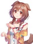  1girl :3 animal_ears bangs blue_bow blush bone_hair_ornament bow bracelet braid brown_eyes brown_hair buttons cartoon_bone choker closed_mouth collar cowboy_shot dog_collar dog_ears dog_girl dog_tail dress eyebrows_visible_through_hair hair_between_eyes hair_ornament hairclip highres hololive inugami_korone jacket jewelry kurumi_tsuchi long_hair looking_at_viewer low_twin_braids low_twintails off-shoulder_jacket paw_pose raised_eyebrows red_bow red_choker red_collar simple_background solo tail twin_braids twintails virtual_youtuber white_background white_dress wristband yellow_jacket 