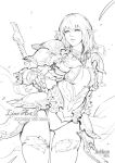  1girl antilous armor ass_visible_through_thighs bangs breasts center_opening chess_piece cowboy_shot elf faulds gauntlets greyscale lineart long_hair looking_away looking_to_the_side medium_breasts medium_hair monochrome original pauldrons pointy_ears shoulder_armor simple_background solo sword sword_behind_back thigh_gap thighhighs weapon 