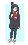  1girl bangs black_hair black_jacket blue_background blush brown_eyes closed_mouth frame full_body grey_footwear grey_pants guitar_case hair_between_eyes highres instrument_case jacket k-on! kevonzulul long_hair long_sleeves looking_at_viewer nakano_azusa pants red_scarf scarf shoelaces shoes simple_background sleeves_past_wrists sneakers solo standing striped striped_scarf twintails 