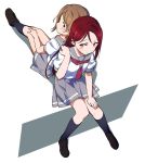  2girls back-to-back blue_eyes brown_footwear brown_hair fumarusan grey_sailor_collar grey_skirt hand_on_own_leg hand_on_own_shoulder highres invisible_floor kneehighs loafers love_live! love_live!_sunshine!! multiple_girls red_hair red_neckwear sailor_collar sakurauchi_riko school_uniform serafuku shoes sitting skirt uranohoshi_school_uniform watanabe_you white_background yellow_eyes 