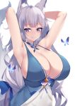  1girl animal_ear_fluff animal_ears armpits arms_up azur_lane blue_butterfly blue_ribbon breasts cleavage covered_navel eyebrows_visible_through_hair fox_ears hair_between_eyes hair_ribbon highres kitsune kuavera light_purple_hair long_hair looking_at_viewer purple_eyes ribbon shinano_(azur_lane) simple_background tail upper_body very_long_hair white_background 