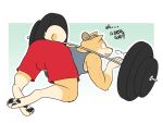  4:3 anthro ass_up barbell bodily_fluids bran-draws-things bran_(bran-draws_things) canid canine canis clothed clothing domestic_dog english_text eyewear glasses hi_res looking_at_viewer male mammal raised_tail shirt simple_background solo stuck sweat tank_top text topwear weights 