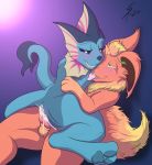  absurd_res blue_sclera blush bodily_fluids cum cum_in_pussy cum_inside duo eeveelution female female_on_top female_penetrated feral flareon genital_fluids genitals green_eyes hi_res knot male male/female male_on_bottom male_penetrating male_penetrating_female mango_(h2o2) nintendo on_bottom on_top penetration penis pok&eacute;mon pok&eacute;mon_(species) scaliepunk sex tongue tongue_out vaporeon video_games 