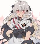  1girl aogisa barrette black_gloves blush eyebrows_visible_through_hair girls_frontline gloves grey_hair hair_between_eyes hair_ornament hair_ribbon highres holstered_weapon iws-2000_(girls_frontline) jacket long_hair looking_at_viewer open_mouth red_eyes ribbon silver_hair simple_background solo sword tape torn_clothes weapon 