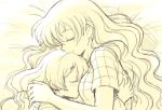  2girls between_breasts breasts closed_eyes commentary_request head_between_breasts highres hug long_hair mahou_shoujo_madoka_magica medium_breasts momoe_nagisa monochrome multiple_girls ryunosuke1973 sleeping smile tomoe_mami wavy_hair 