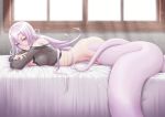  1girl bare_shoulders breasts closed_mouth commentary_request eyebrows_visible_through_hair eyes_visible_through_hair hair_between_eyes highres indoors lamia large_breasts long_hair looking_at_viewer lying monster_girl monster_musume_no_oisha-san on_bed on_stomach pink_eyes saphentite_neikes scales see-through shibakarisena smile solo window 