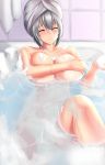  1girl bangs bare_shoulders bathing bathtub blush breasts cleavage closed_eyes covering_nipples grey_hair hair_between_eyes happy highres large_breasts leg_up mature nude partially_submerged relaxed rikadoh smile soap solo steam towel towel_on_head underboob uzaki-chan_wa_asobitai! uzaki_tsuki water wet 