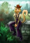  absurd_res anthro blonde_hair blue_eyes clothed clothing domestic_cat fantasy felid feline felis female fennefox food france french fruit hair hi_res long_tail mammal plant retro sitting smile solo strawberry town 