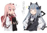  ! 2girls animal animal_ears backpack bag bangs black_cat blunt_bangs blush bow cat cat_ears closed_eyes commentary_request cowboy_shot facial_mark fake_animal_ears fake_tail girls_frontline hair_between_eyes hair_bow hair_ornament hairclip hexagram highres hk416_(girls_frontline) holding holding_animal holding_cat long_hair long_sleeves multiple_girls negev_(girls_frontline) open_mouth pink_hair red_bow red_eyes ribbon shirt silver_hair simple_background star_of_david surprised tail teardrop translation_request white_background white_shirt younger yuki_hotaru 