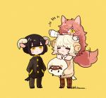  1girl 2boys animal_ears black_hair black_pants blonde_hair cat_ears cat_girl cat_tail closed_eyes collared_shirt fluffy gakuran goat_boy goat_boy_(tsubaki_tsubara) goat_ears goat_horns goat_tail horns long_hair messy_hair multiple_boys orange_hair original pants plaid plaid_pants red_cat_girl_(tsubaki_tsubara) school_uniform sheep_boy sheep_boy_(tsubaki_tsubara) sheep_ears sheep_horns sheep_tail shirt signature sweater tail tsubaki_tsubaru very_long_hair yellow_background yellow_eyes 