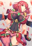  1girl ass_visible_through_thighs breasts covered_navel fingerless_gloves gem gloves hair_ornament headpiece highres impossible_clothes impossible_leotard large_breasts leotard pyra_(xenoblade) red_eyes red_hair short_hair shorts thick_thighs thighhighs thighs top-down_bottom-up xenoblade_chronicles_(series) xenoblade_chronicles_2 yui_sora 