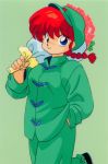  1980s_(style) 1girl blue_eyes bouquet braid carrying_over_shoulder chinese_clothes cowboy_shot eyebrows_visible_through_hair flower genderswap genderswap_(mtf) green_headwear green_theme hair_ornament hand_in_pocket holding holding_bouquet legs_up long_sleeves official_art oldschool ranma-chan ranma_1/2 red_hair saotome_ranma school_uniform simple_background single_braid smile solo star_(symbol) star_hair_ornament tangzhuang 