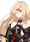  1girl alternate_costume aogisa bare_shoulders black_gloves blonde_hair blue_eyes closed_mouth collarbone eyebrows_visible_through_hair girls_frontline gloves hair_between_eyes hand_in_hair highres long_hair looking_away mg36_(girls_frontline) mole mole_under_eye one_eye_covered partly_fingerless_gloves solo white_background 