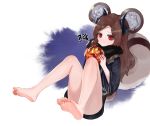 1girl animal_ears bare_legs barefoot black_shirt blush bottomless brown_hair commentary_request convenient_leg dokomon feet_up full_body fur_trim highres holding horns korean_commentary korean_text leaning_back long_hair long_sleeves looking_at_viewer original pout reclining red_eyes shirt soles sphere squirrel_ears squirrel_girl squirrel_tail tail white_background wide_sleeves 