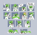  anthro barking beverage black_nose canid canine coffee drama_king drama_queen fidget_the_fox fox fur green_body green_eyes green_fur hair hi_res hug looking_at_viewer male mammal mitsuki-onega plantigrade rude sad sad_eyes simple_background sleeping smile solo sticker telegram this white_body white_fur 