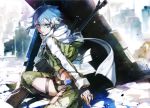  1girl anti-materiel_rifle aqua_eyes aqua_hair bangs belt blue_eyes blue_hair blurry blurry_background bolt_action breasts bunbun chaps cropped_jacket day fingerless_gloves gloves green_jacket green_pants gun hair_between_eyes hair_flaps hair_ornament hairclip highres holding jacket long_sleeves looking_at_viewer looking_back making-of_available motion_blur open_clothes open_jacket outdoors pants parted_lips pgm_hecate_ii rifle scarf short_hair short_shorts shorts sidelocks sinon small_breasts sniper_rifle sniper_scope solo squatting sword_art_online weapon white_scarf 