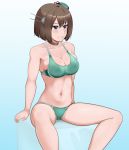  1girl beret bikini blue_eyes breasts brown_hair cleavage clenched_teeth feet_out_of_frame gradient gradient_background green_background green_bikini hair_ornament hat headgear invisible_chair kantai_collection large_breasts maya_(kantai_collection) mini_hat nikku_(nzaf5832) short_hair sitting solo sports_bikini swimsuit teeth x_hair_ornament 