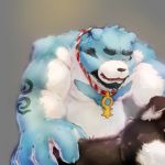  1:1 2020 anthro belly blue_body blue_fur bonasiah canid canine duo eno_(full_attack) eyes_closed full_attack fur hi_res kemono laohu male mammal overweight overweight_male simple_background ursid white_body white_fur 十泉介 