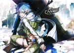  1girl animal_ears anti-materiel_rifle aqua_eyes aqua_hair bangs belt blue_eyes blue_hair blurry blurry_background bolt_action breasts bunbun cat_ears cat_girl chaps cropped_jacket day fingerless_gloves gloves green_jacket green_pants gun hair_between_eyes hair_ornament hairclip highres holding jacket kemonomimi_mode long_sleeves looking_at_viewer looking_back making-of_available motion_blur open_clothes open_jacket outdoors pants parted_lips pgm_hecate_ii rifle scarf short_hair short_shorts shorts sidelocks sinon small_breasts sniper_rifle sniper_scope solo speech_bubble squatting sword_art_online weapon white_scarf 