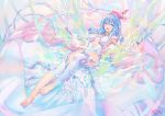  1girl :d armpits atdan bare_shoulders barefoot blue_eyes blue_hair breasts center_opening feet full_body haiyi hat jellyfish long_hair looking_at_viewer lying medium_breasts on_back open_mouth outstretched_arms side_cutout smile solo swimsuit synthesizer_v thighhighs thighs white_legwear white_swimsuit 