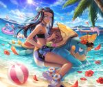  1girl ball beachball belly_chain bike_shorts black_hair blue_eyes blue_eyeshadow blue_hair boat breasts cloud commentary dark_skin day drednaw drinking_straw earrings eyeshadow flower galarian_form galarian_slowpoke gen_1_pokemon gen_2_pokemon gen_8_pokemon gloves goldeen gym_leader hair_bun highres holding hoop_earrings innertube jewelry konomi_(lovecrab) light_beam long_hair looking_at_viewer makeup marill multicolored_hair necklace nessa_(pokemon) outdoors palm_tree petals pink_flower pokemon pokemon_(creature) pokemon_(game) pokemon_swsh red_flower sand sandals shore single_glove sky tree two-tone_hair water watercraft 