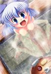  (9) 1girl :d bangs bar_soap barefoot bathing blue_bow blue_eyes blue_hair blue_pubic_hair blush bow breasts bucket caustics cirno clenched_hands collarbone commentary_request eyebrows_visible_through_hair feet foot_out_of_frame from_above hair_between_eyes hair_bow highres hiiragi_shouichi looking_at_viewer looking_up medium_breasts navel no_nipples nude onsen open_mouth partially_submerged pubic_hair short_hair sitting smile solo steam thighs toes tokkuri touhou wariza wash_cloth water wood wooden_bucket 