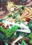  1girl bangs black_gloves blonde_hair boots breasts cleavage commentary_request dress floating_hair gabiran gloves green_dress green_eyes hair_ornament holding holding_sword holding_weapon knee_boots large_breasts leafa_(terraria) long_hair looking_at_viewer open_mouth outdoors ponytail ribbon solo sword sword_art_online thigh_boots thighhighs upper_teeth very_long_hair weapon white_legwear 