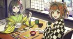  2girls :d ahoge bell black_hair blush bow bowl breakfast brown_eyes brown_hair chair checkered chopsticks commentary_request cup fish floral_print flower food green_kimono hair_bell hair_bow hair_flower hair_intakes hair_ornament hieda_no_akyuu highres holding holding_bowl holding_chopsticks holding_cup indoors japanese_clothes jchoy jingle_bell kimono long_sleeves looking_at_viewer looking_to_the_side motoori_kosuzu multiple_girls on_chair open_clothes open_mouth purple_eyes red_bow rice rice_bowl sitting smile table touhou touhou_lost_word upper_teeth white_flower wide_sleeves yunomi 