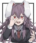  1girl animal_ears black_border black_jacket blazer border bunny_ears collared_shirt covering_one_eye crazy_eyes eyebrows_visible_through_hair fangs fangs_out hair_between_eyes hands_up highres hisha_(kan_moko) jacket light_purple_hair long_hair long_sleeves looking_at_viewer necktie open_mouth red_eyes red_neckwear reisen_udongein_inaba shirt simple_background smile solo touhou upper_body white_background white_shirt 