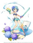  1girl ;d alternate_costume aniplex ankle_flower aqua_shorts artist_request backlighting bare_arms bare_legs bare_shoulders belt bikini blue_bikini blue_eyes blue_flower blue_footwear blue_hair blue_ribbon blue_theme blush bottle breasts caustics cleavage cloud collarbone commentary_request contrapposto copyright_name dot_nose eyebrows_visible_through_hair flower full_body hair_flower hair_ornament holding holding_sword holding_water_gun holding_weapon hydrangea ice ice_cube jar leaf legs_apart looking_at_viewer mahou_shoujo_madoka_magica miki_sayaka ocean official_art one_eye_closed open_mouth oversized_flowers petals phantom_of_the_kill plaid plaid_bikini plaid_bikini_top platform_footwear purple_flower ribbon sand sandals shadow shiny shiny_hair shore short_hair short_shorts shorts simple_background small_breasts smile solo soul_gem sparkle standing stomach swimsuit sword thermos toes v-shaped_eyebrows water water_gun weapon white_background wrist_flower 