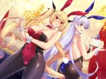  2girls animal_ears ass azur_lane bangs bare_shoulders batsu blonde_hair blush bow bowtie braid breasts bunny_ears bunny_tail bunnysuit cake cleavage collarbone covered_navel detached_collar eyebrows_visible_through_hair fake_animal_ears fake_tail food hair_ribbon highres holding holding_tray large_breasts leotard long_hair looking_at_viewer multiple_girls nelson_(azur_lane) open_mouth pantyhose red_eyes ribbon rodney_(azur_lane) silver_hair smile strapless strapless_leotard tail tray twintails two-tone_leotard very_long_hair wrist_cuffs 