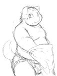  2013 anthro blush canid canine canis chiro_(artist) clothing domestic_dog kemono male mammal monochrome moobs nipples overweight overweight_anthro overweight_male simple_background solo underwear undressing white_background 