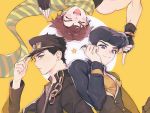  3boys battle_tendency black_gloves black_hair black_headwear blue_eyes brown_hair closed_eyes closed_mouth diamond_wa_kudakenai fingerless_gloves gloves higashikata_jousuke highres jojo_no_kimyou_na_bouken joseph_joestar_(young) kuujou_joutarou looking_at_viewer male_focus multiple_boys ningzzz open_mouth parted_lips pompadour scarf school_uniform smile stardust_crusaders upside-down 